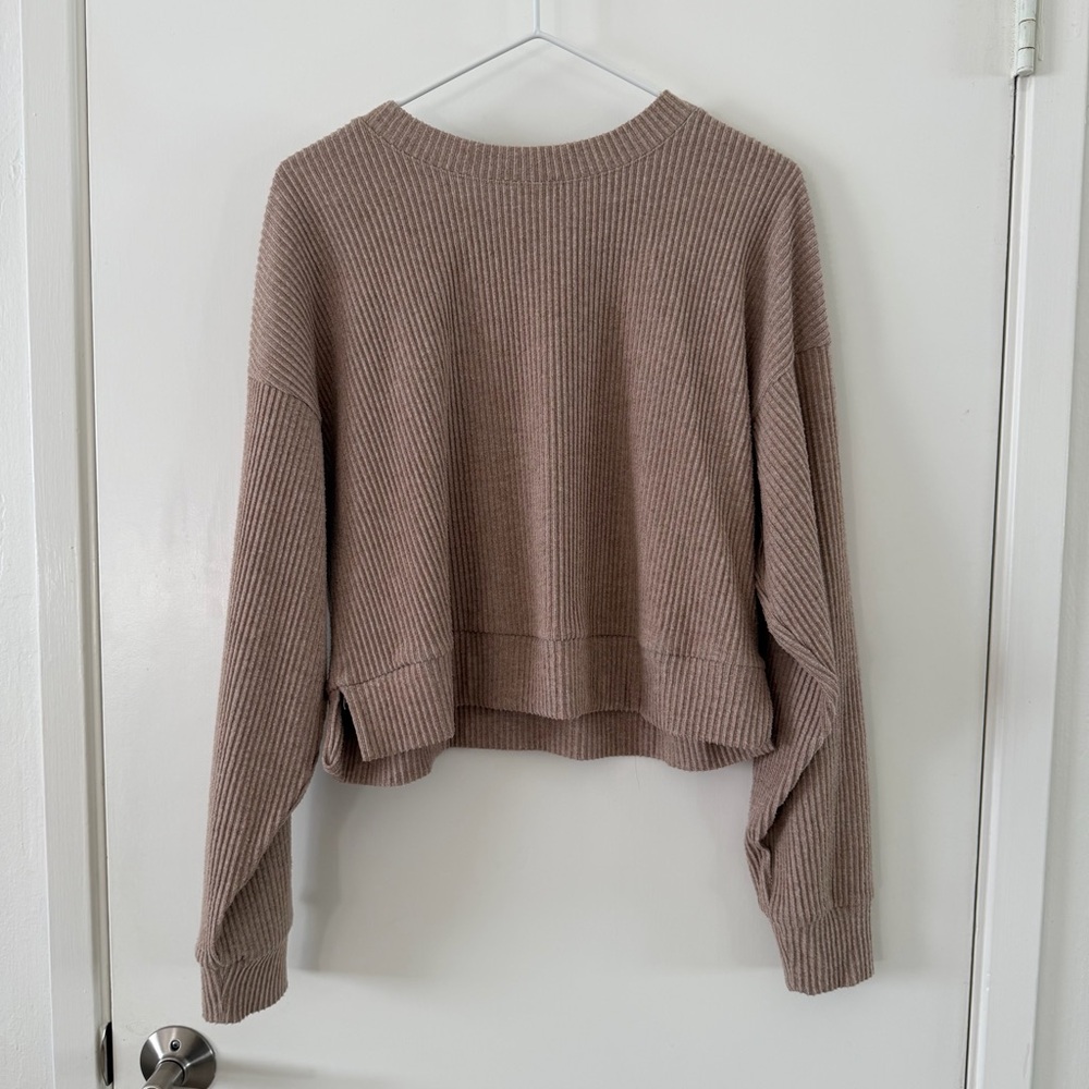 Alo Yoga Muse Ribbed Set Size S Crew Pullover + Wide Leg Pant Gravel Heather - Picture 7 of 11